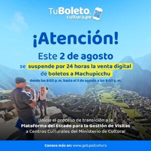 Suspensión de venta de boletos a Machu Picchu hasta mañana a las 8 p.m. no afectará ingreso de visitantes