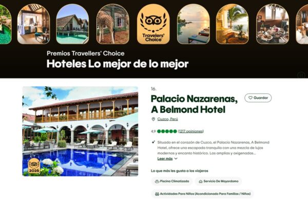 Belmond Palacio Nazarenas de Cusco entre los mejores hoteles del mundo de 2026, según TripAdvisor