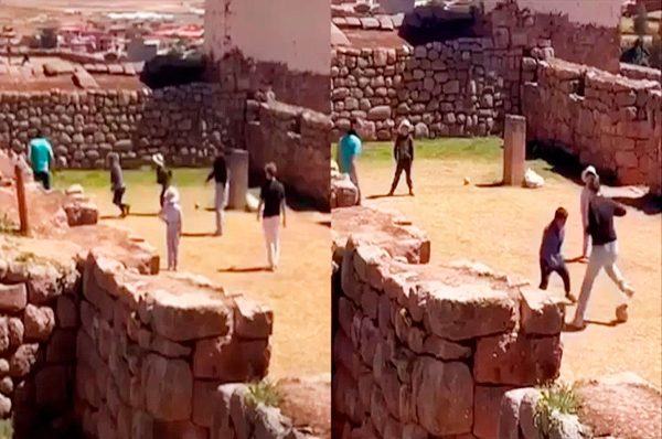 Investigan a turistas captados jugando fútbol dentro del Complejo Arqueológico de Chinchero